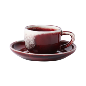 Festive red ceramic cups and plates for European-style afternoon tea or coffee