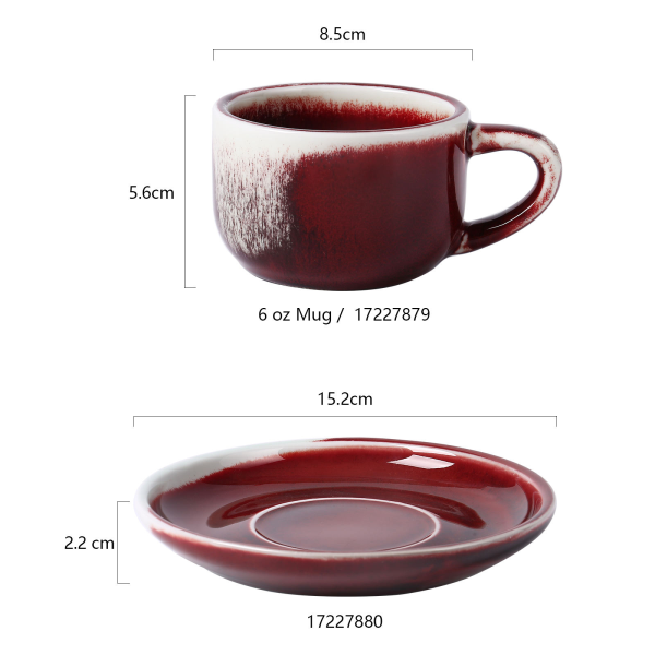 Festive red ceramic cups and plates for European-style afternoon tea or coffee