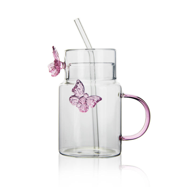 Fashionable and exquisite office borosilicate creative cold water glass with straw lid