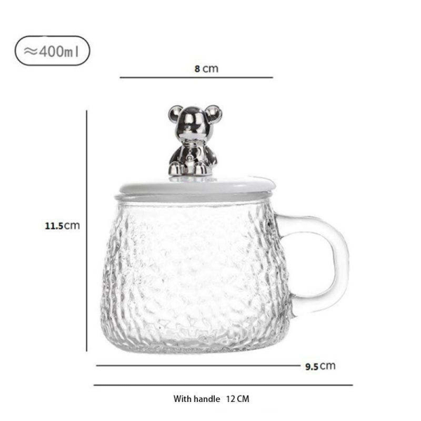 Simple style glass coffee cup with cartoon bear lid 400ML transparent glass coffee cup