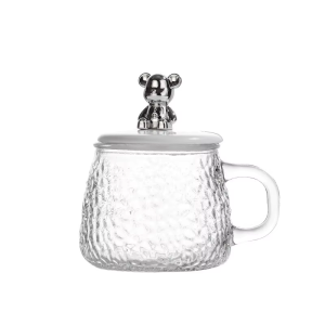 Simple style glass coffee cup with cartoon bear lid 400ML transparent glass coffee cup