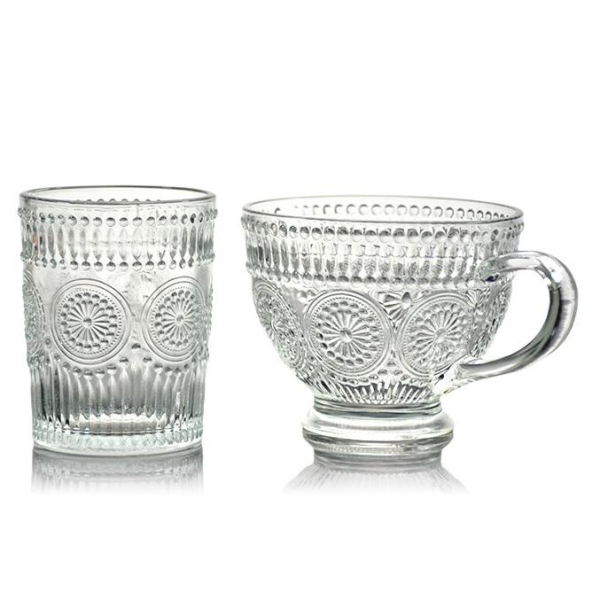 Wholesale 450ml European Vintage Coffee Mugs Glass Coffee Mugs Clear Embossed Glass Cups Tea Cups