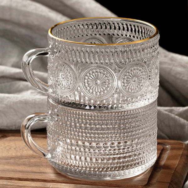 Wholesale 450ml European Vintage Coffee Mugs Glass Coffee Mugs Clear Embossed Glass Cups Tea Cups
