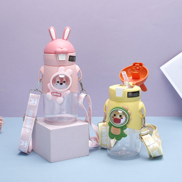 Cute and stylish bunny space capsule plastic cup for outdoor use with a straw