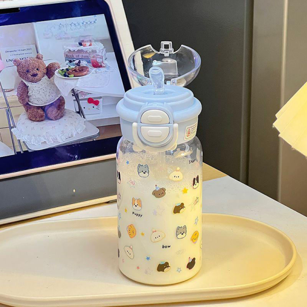 Cute style 600ML outdoor double straw children's water cup