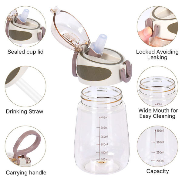 400ml Cute Water Cups with Straw Transparent Kids Plastic Water Bottle with Handle