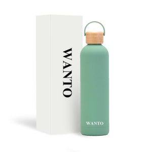 Modern, stylish, large-capacity insulated steel water bottle with a bamboo lid
