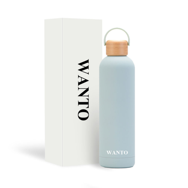 Modern, stylish, large-capacity insulated steel water bottle with a bamboo lid