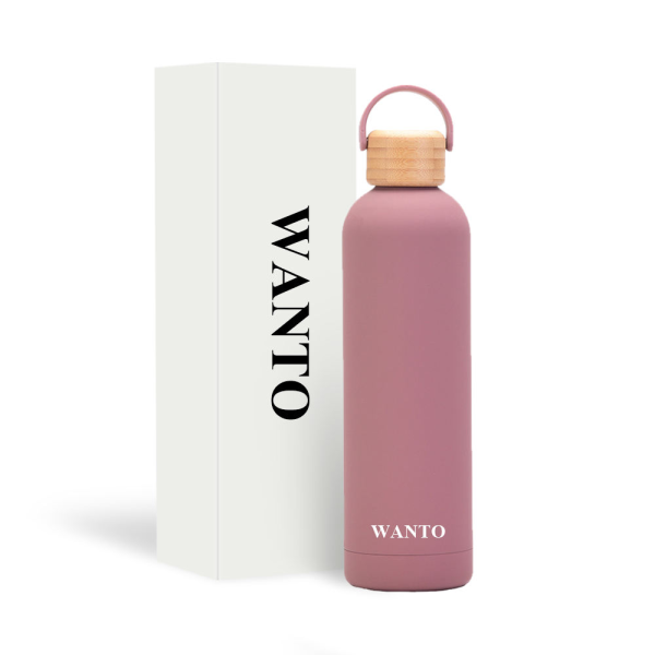 Modern, stylish, large-capacity insulated steel water bottle with a bamboo lid
