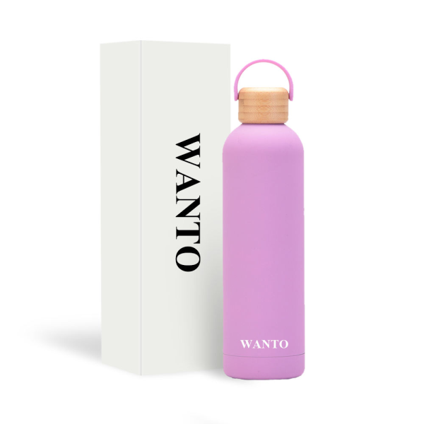 Modern, stylish, large-capacity insulated steel water bottle with a bamboo lid