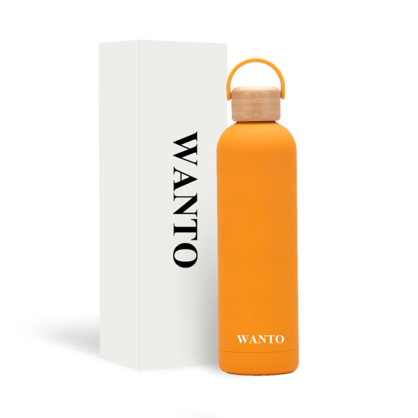 Modern, stylish, large-capacity insulated steel water bottle with a bamboo lid