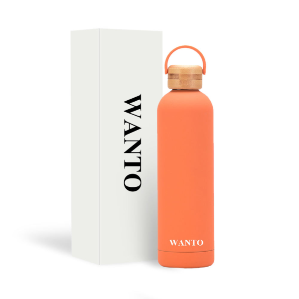 Modern, stylish, large-capacity insulated steel water bottle with a bamboo lid