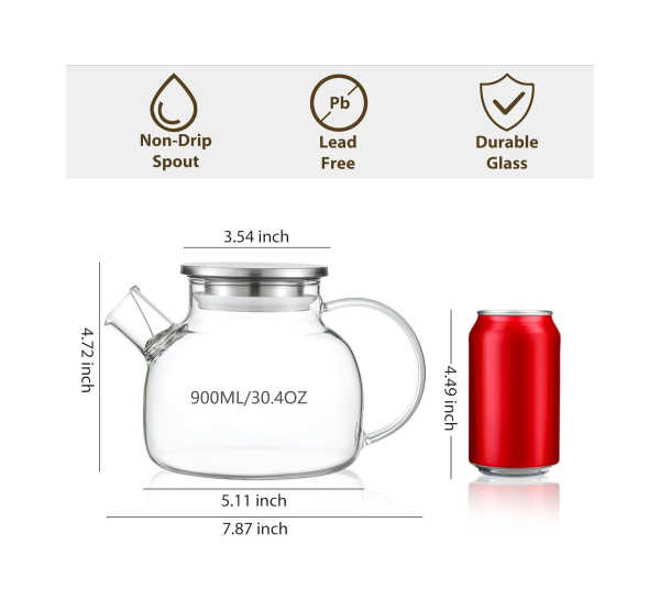 Handmade 30.4 oz glass teapot, transparent teapot with removable infuser
