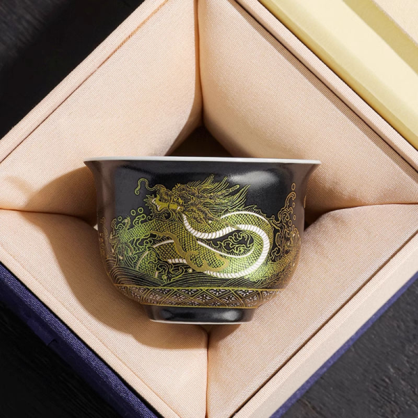 Black Gold Glazed Golden Dragon Tripod Master Teacup