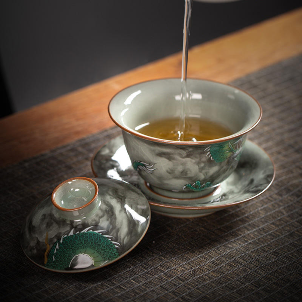 Yunlong Ceramic Gaiwan Tea Set, Ancient Pottery Ink-Painted Single-Head Kombucha Bowl Lid