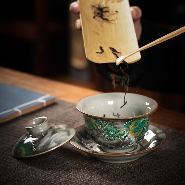 Yunlong Ceramic Gaiwan Tea Set, Ancient Pottery Ink-Painted Single-Head Kombucha Bowl Lid