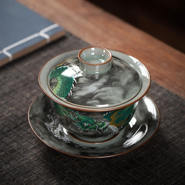 Yunlong Ceramic Gaiwan Tea Set, Ancient Pottery Ink-Painted Single-Head Kombucha Bowl Lid