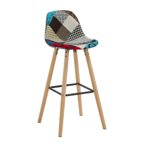 High-quality, modern patchwork bar stool with a wooden bar top and metal legs.