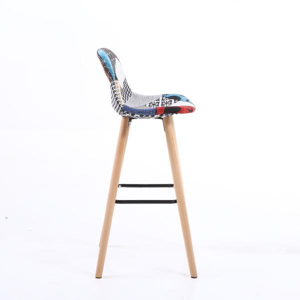 High-quality, modern patchwork bar stool with a wooden bar top and metal legs.