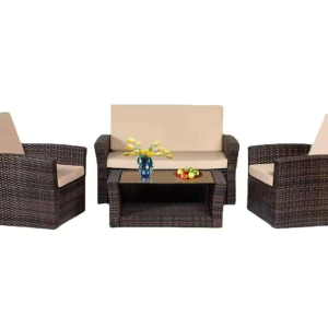 4 Pieces Patio Conversation Set, Outdoor PE Rattan Wicker Sofa Furniture Set