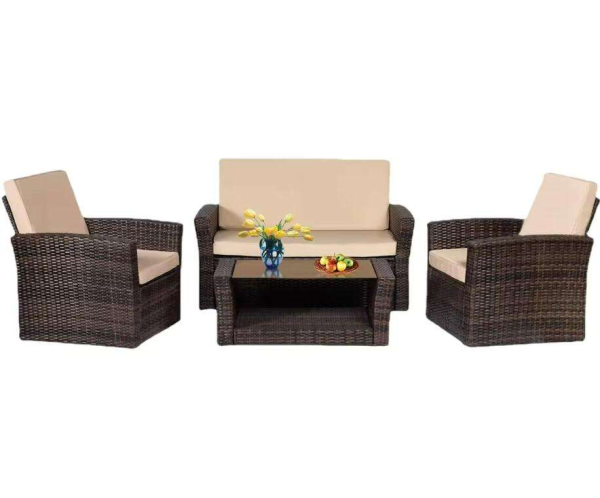 4 Pieces Patio Conversation Set, Outdoor PE Rattan Wicker Sofa Furniture Set