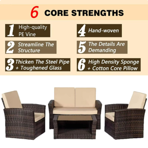 4 Pieces Patio Conversation Set, Outdoor PE Rattan Wicker Sofa Furniture Set