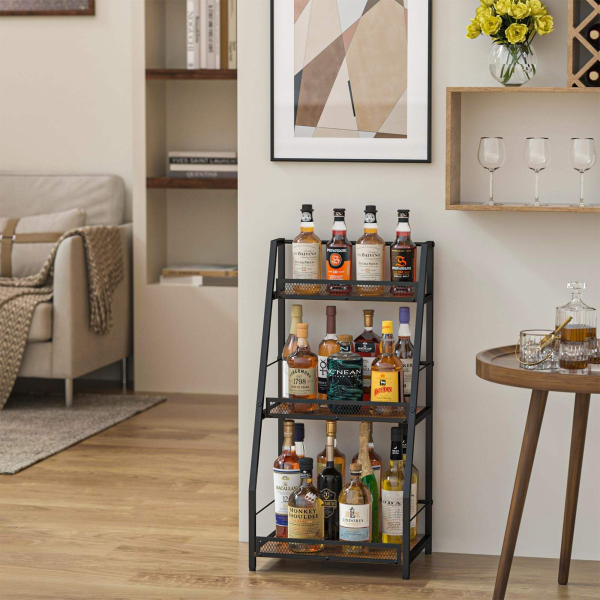 A versatile three-tier trapezoidal corner wine rack perfect for home bars