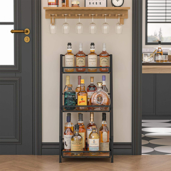 A versatile three-tier trapezoidal corner wine rack perfect for home bars
