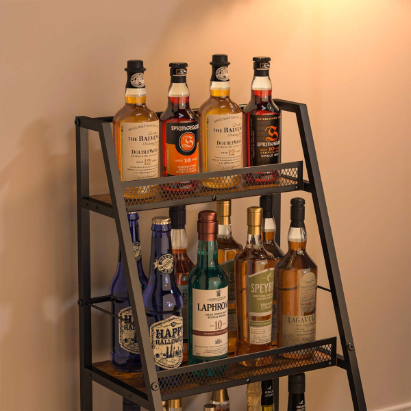 A versatile three-tier trapezoidal corner wine rack perfect for home bars