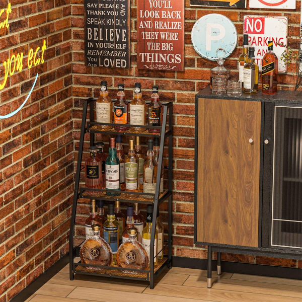 A versatile three-tier trapezoidal corner wine rack perfect for home bars