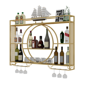 Solid wood hotel bar wall mounted wine rack with large bottle holder and stemware