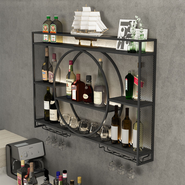 Solid wood hotel bar wall mounted wine rack with large bottle holder and stemware