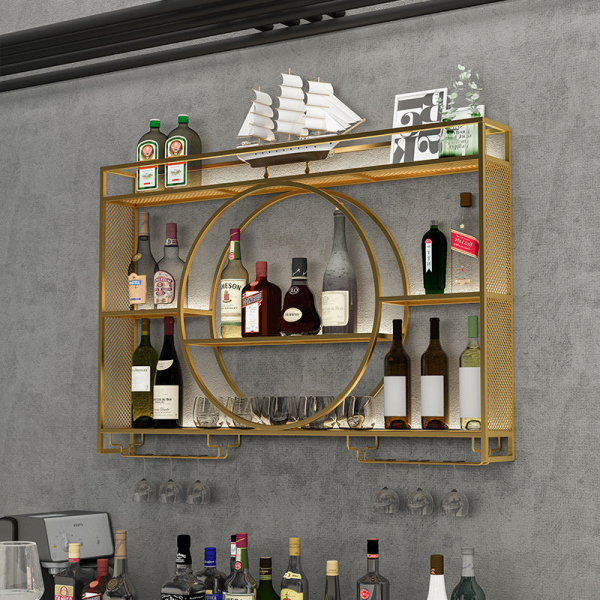 Solid wood hotel bar wall mounted wine rack with large bottle holder and stemware