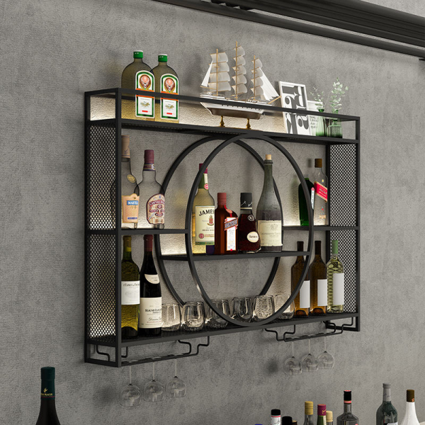 Solid wood hotel bar wall mounted wine rack with large bottle holder and stemware