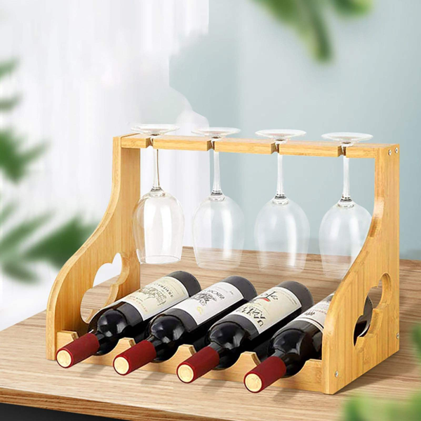 Bamboo Wine Rack with Glass Rack Luxury Wine Bottle Display Stand