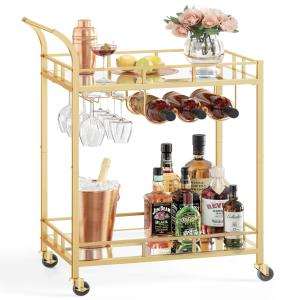 Gold kitchen cart with mirrored shelves wine rack and glass rack