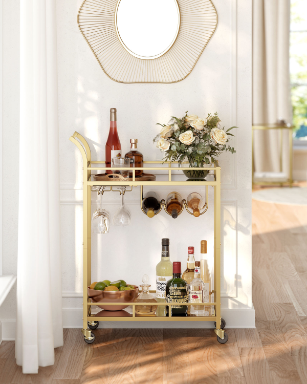 Gold kitchen cart with mirrored shelves wine rack and glass rack