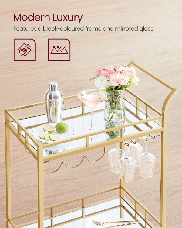 Gold kitchen cart with mirrored shelves wine rack and glass rack