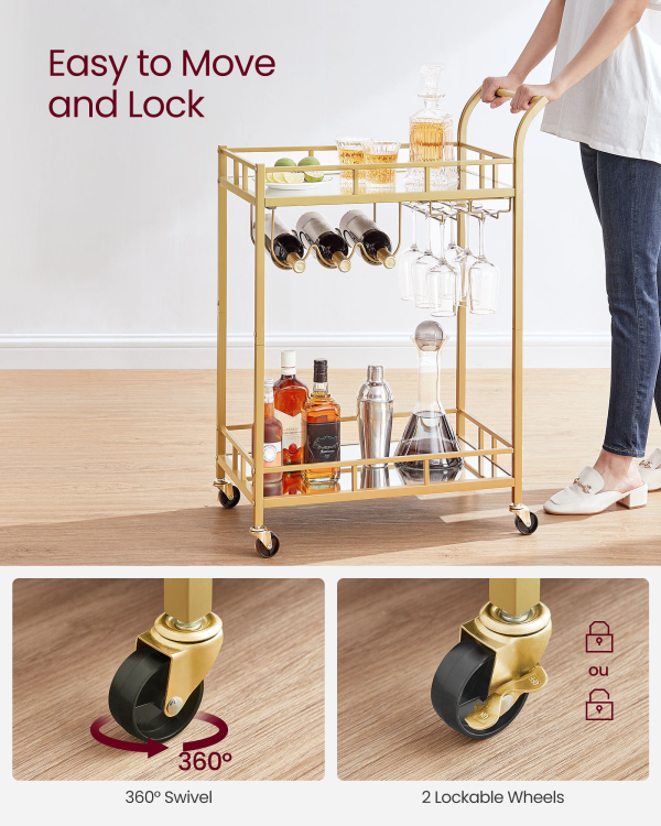 Gold kitchen cart with mirrored shelves wine rack and glass rack