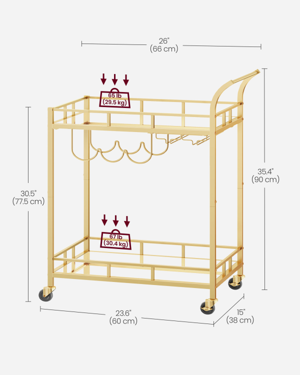 Gold kitchen cart with mirrored shelves wine rack and glass rack