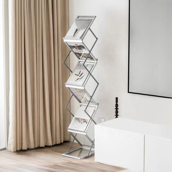 Iron Aluminum Alloy Acrylic Bookshelf Retractable Folding Newspaper Rack for Magazine Display and Storage