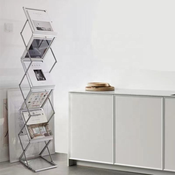 Iron Aluminum Alloy Acrylic Bookshelf Retractable Folding Newspaper Rack for Magazine Display and Storage