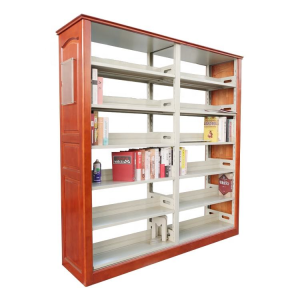 Modern wooden bookshelf with metal brackets for school libraries.