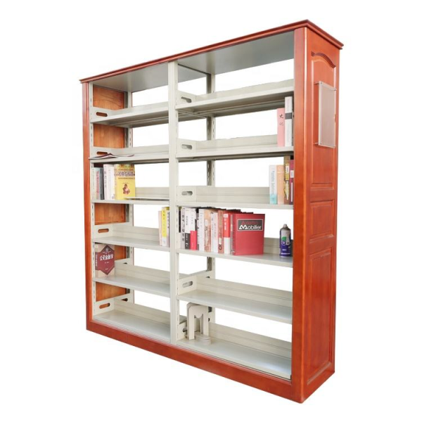 Modern wooden bookshelf with metal brackets for school libraries.