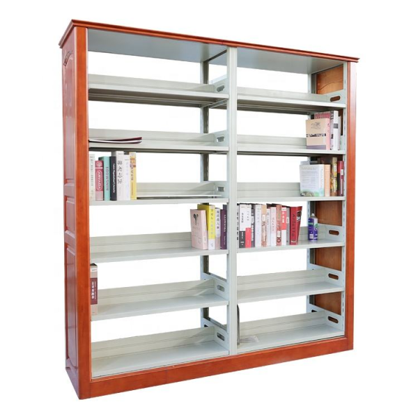 Modern wooden bookshelf with metal brackets for school libraries.