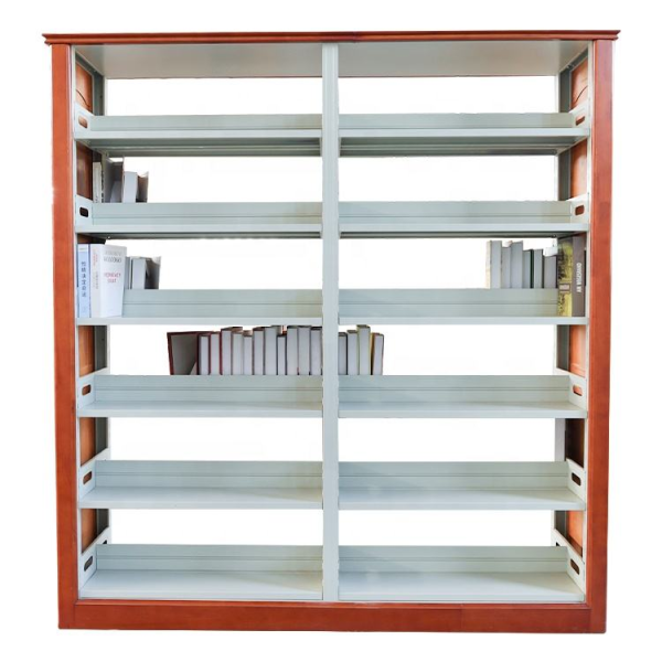Modern wooden bookshelf with metal brackets for school libraries.
