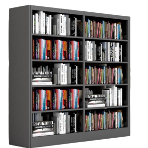This modern wooden bookshelf with a wrought iron frame is suitable for libraries and homes