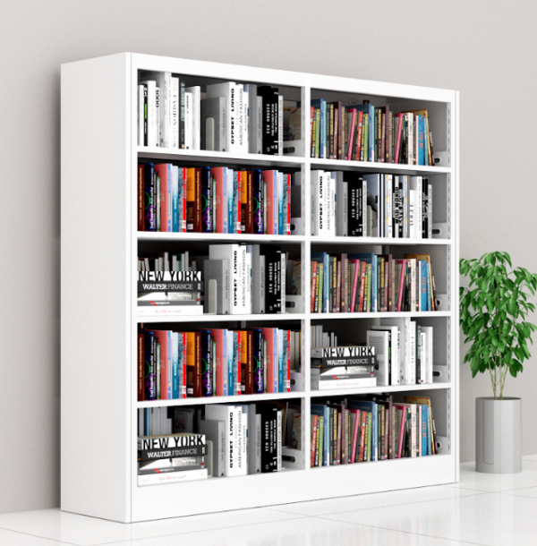 This modern wooden bookshelf with a wrought iron frame is suitable for libraries and homes
