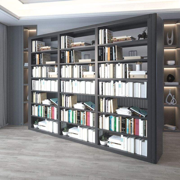 This modern wooden bookshelf with a wrought iron frame is suitable for libraries and homes