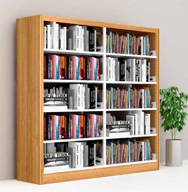 This modern wooden bookshelf with a wrought iron frame is suitable for libraries and homes